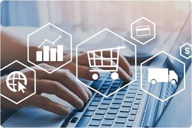 Hands writing on a computer with illustration of streamlined e-commerce