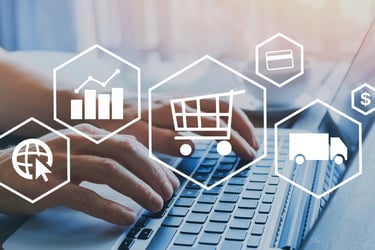 Two hands typing on computer with illustrations illustrating e-commerce